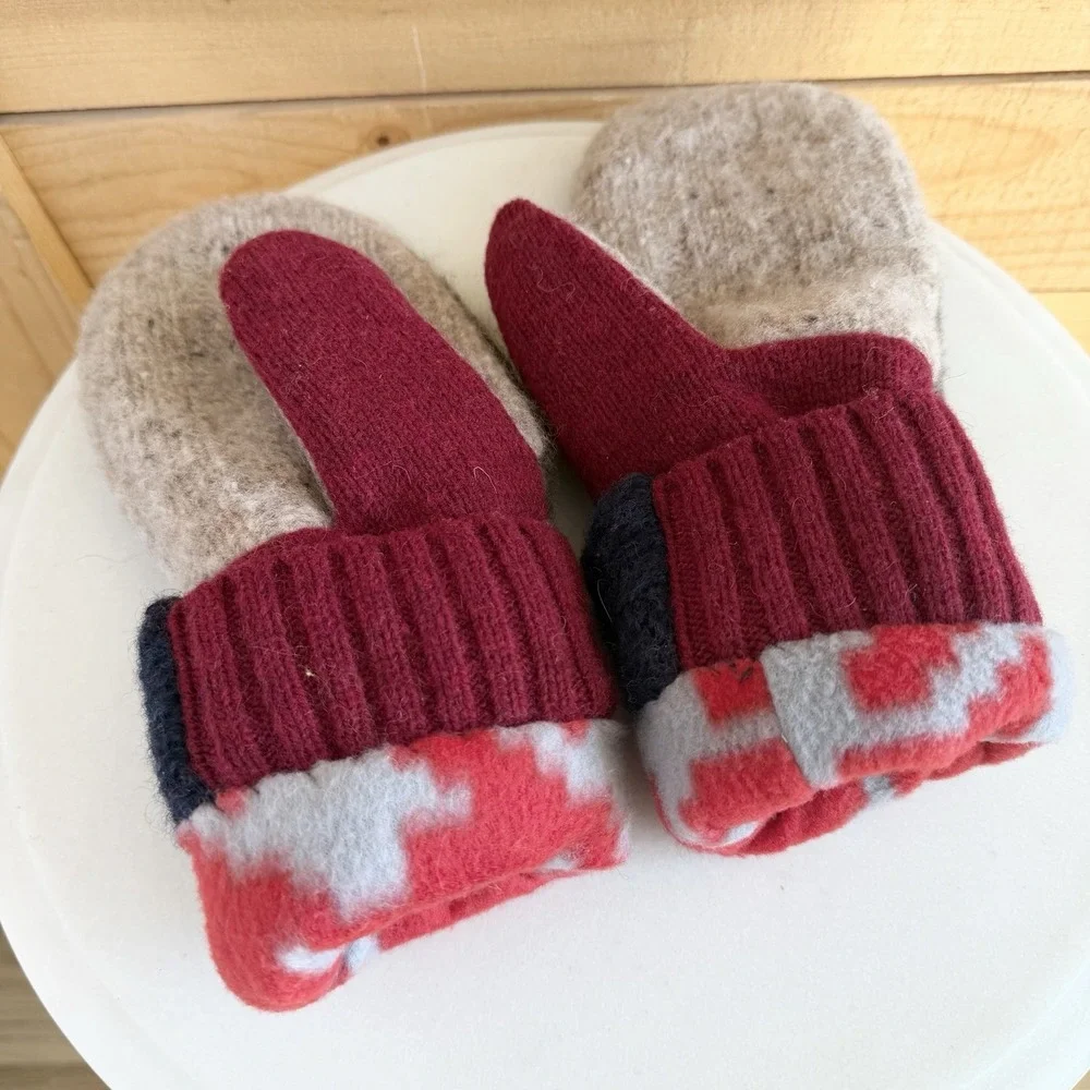 Handmade Long Mittens Up-Cycled Wool Sweaters and Fleece Lining Cozy‎ Warm